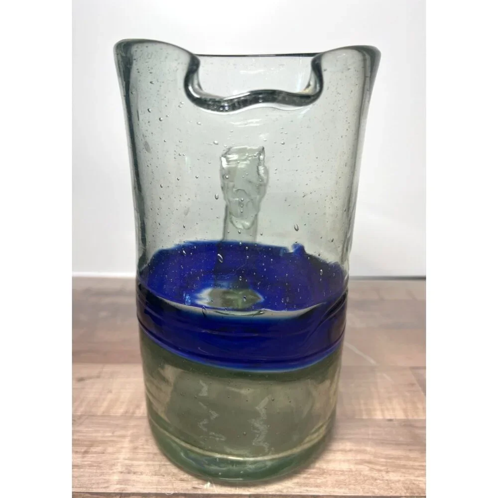 Handblown Glass Pitcher With Blue Accent Bubbles In Glass